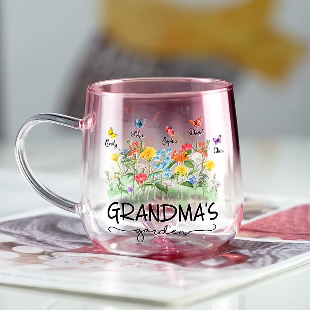 Custom Kids' Names Flower Grandma's Garden Pink Gradient Glass Mug Mother's Day Gifts HO82 901778