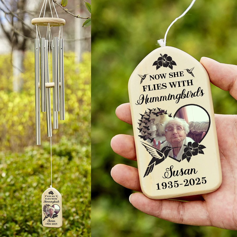 Custom Photo Now She Flies With Hummingbirds Memorial Wind Chimes HO82 893632