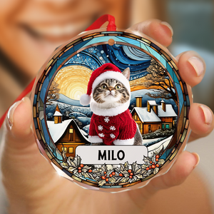 Custom Photo and Name Christmas Cat Circle Glass Ornament HA75 897244