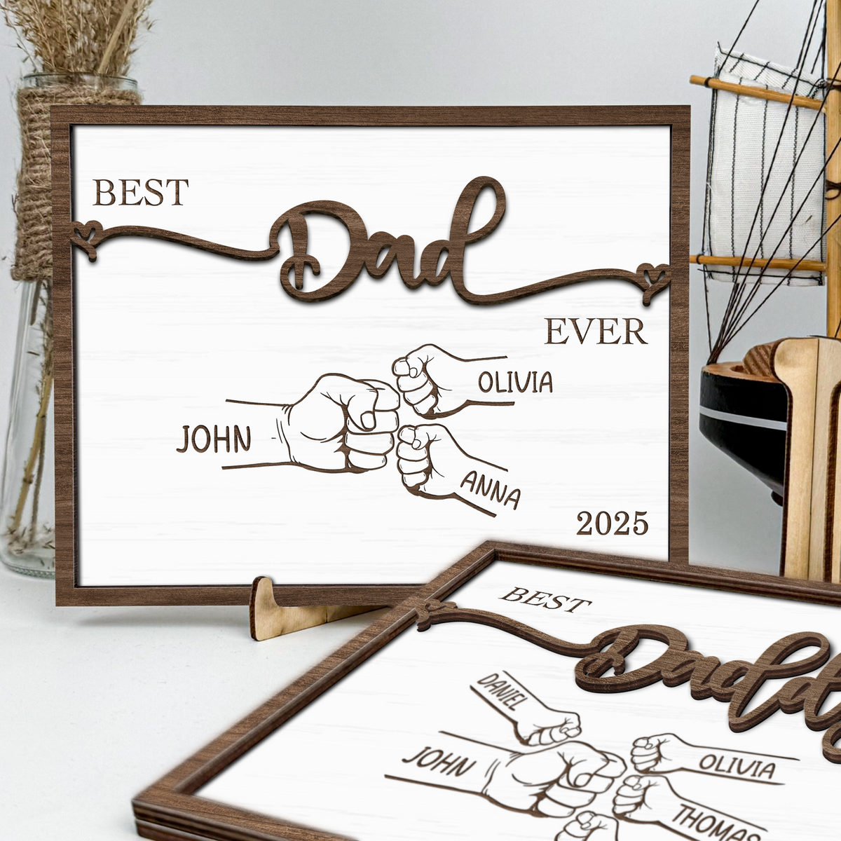 Personlaized Kid's Name Best Dad Ever 2-Layered Wooden Plaque With Stand HO82 893982