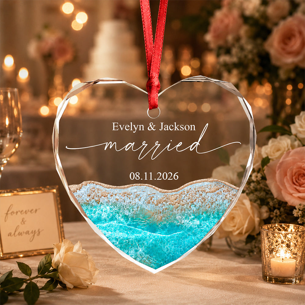 Personalized Married Couple Heart Glass Ornament Christmas Keepsake, Newlywed Wedding Gift LM32 669799