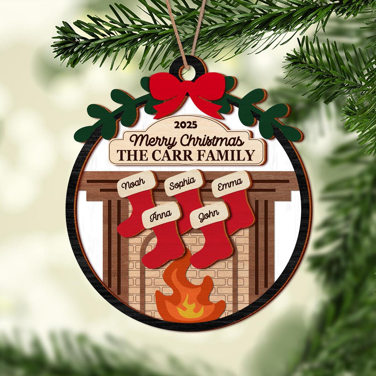 Personalized Family Holiday Fireplace Stocking 2 Layer Wooden Ornament HA75 892770