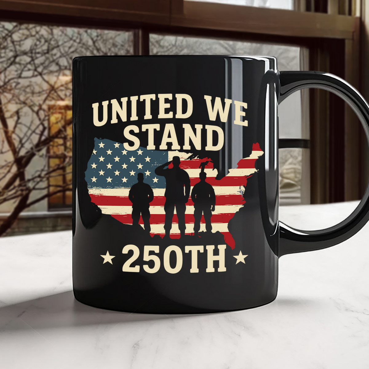 United We Stand 250th Anniversary USA Veteran Black Mug HA75 897306