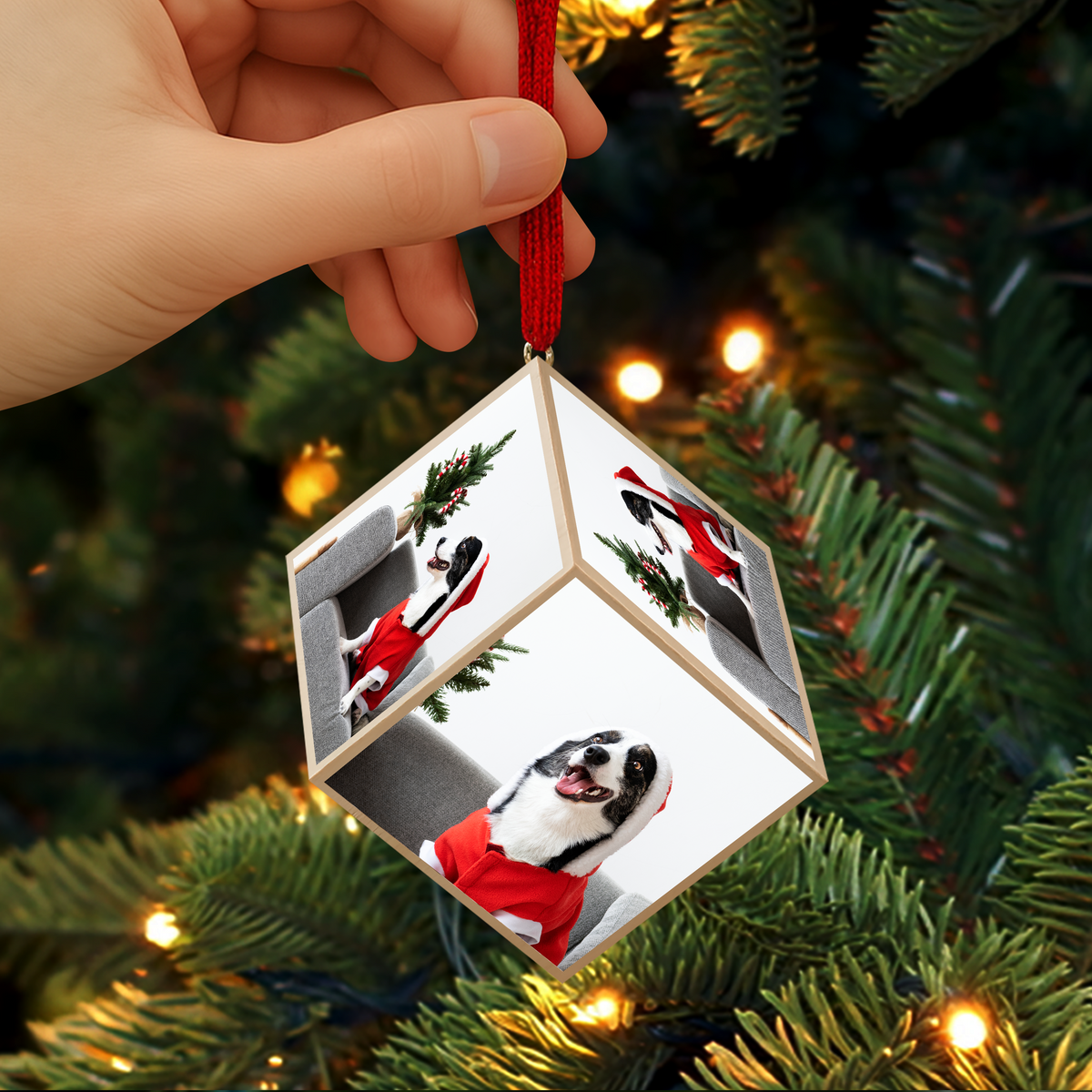 Custom Dog Photo Merry Christmas Cube Ornament For Dog Lover TH10 894523