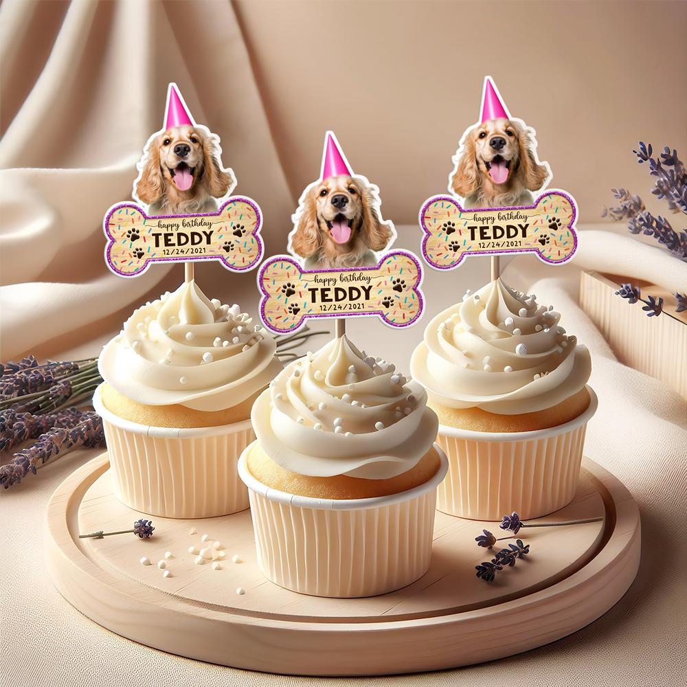 Custom Dog Photo With Bone Cupcake Toppers For Dog Birthday HO82 893664