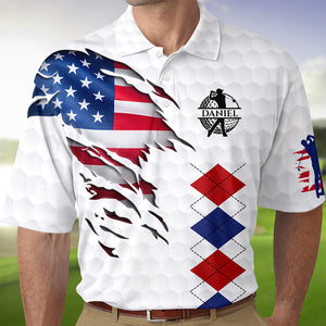Personalized Golf American Flag Polo Shirt, White Golf Texture American Flag, Patriotic Golf Gift For Men HO82 900826