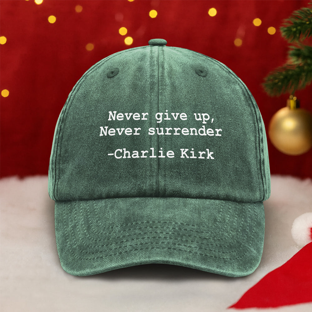 Never surrender Charlie Kirk Washed Denim Baseball Cap HA75 64460