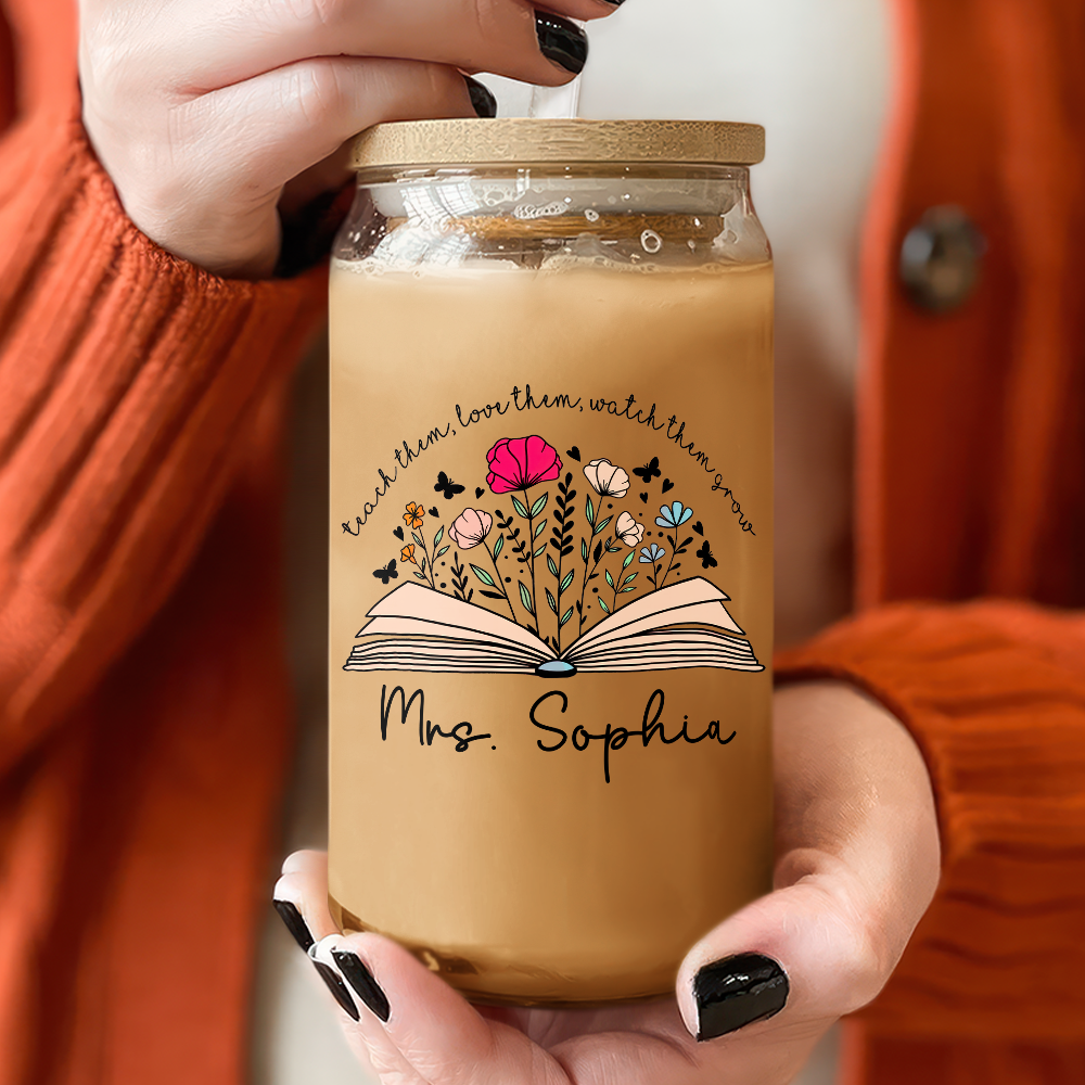 Personalized Gift For Teacher Appreciation With Flower and Book Glass Can With Lid LM32 893743