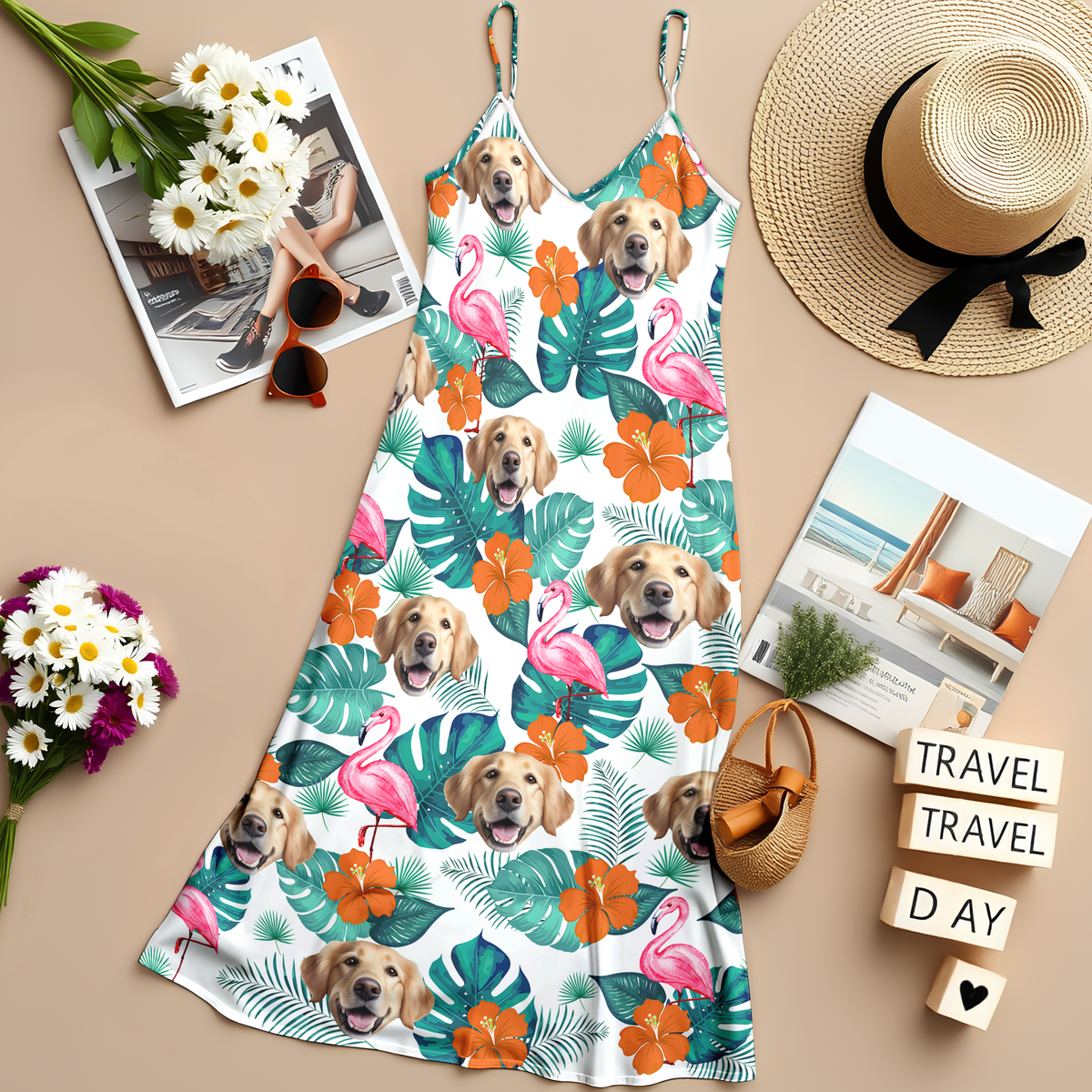 Custom Dog Photo Tropical Hawaii Style Personalized Women's V-Neck Cami Maxi Dress For Summer Holiday CH07 895672