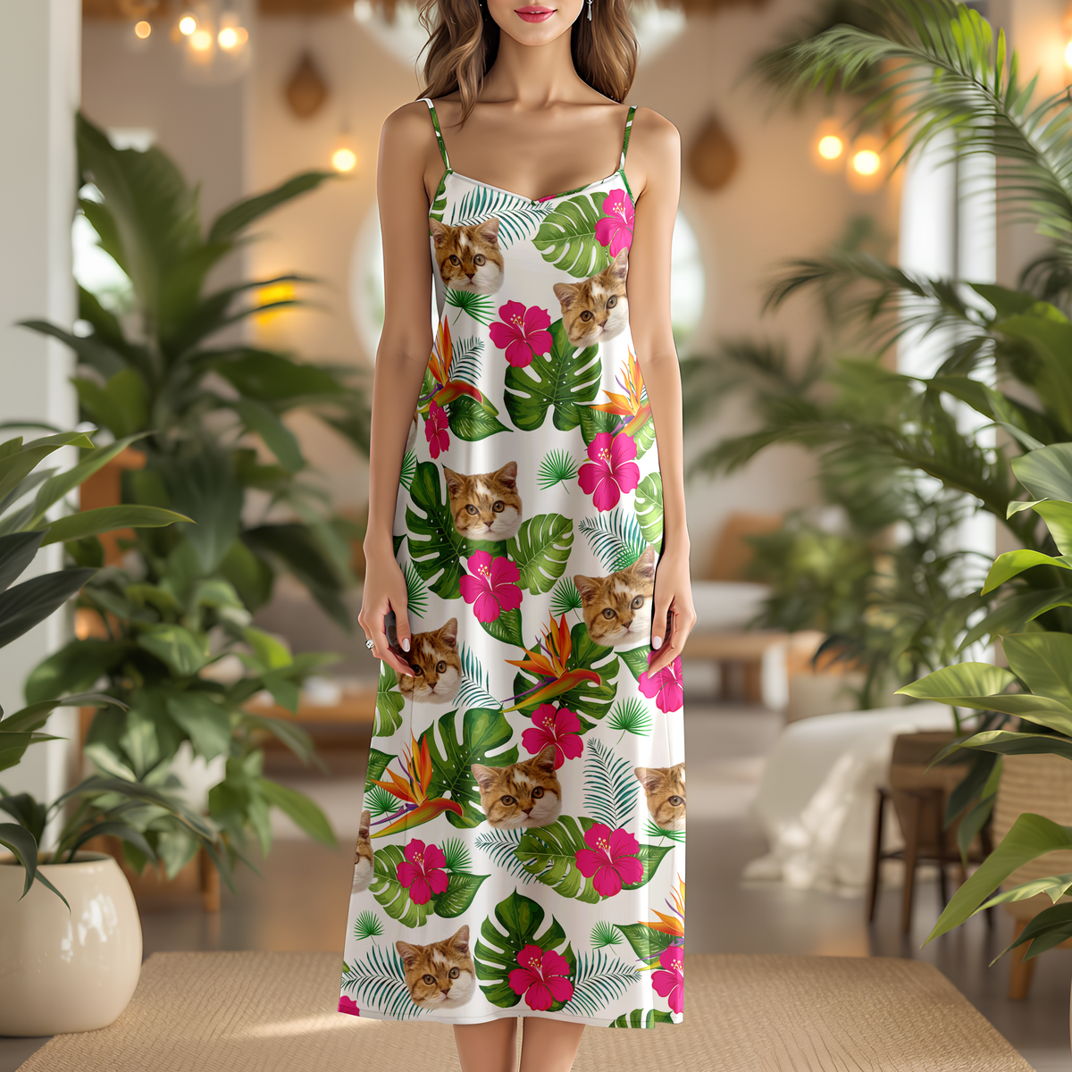 Custom Cat Photo Tropical Hawaii Style Personalized Women's V-Neck Cami Maxi Dress For Summer Holiday CH07 895674