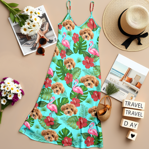 Custom Dog Photo Tropical Hawaii Style Personalized Women's V-Neck Cami Maxi Dress For Summer Holiday CH07 895672