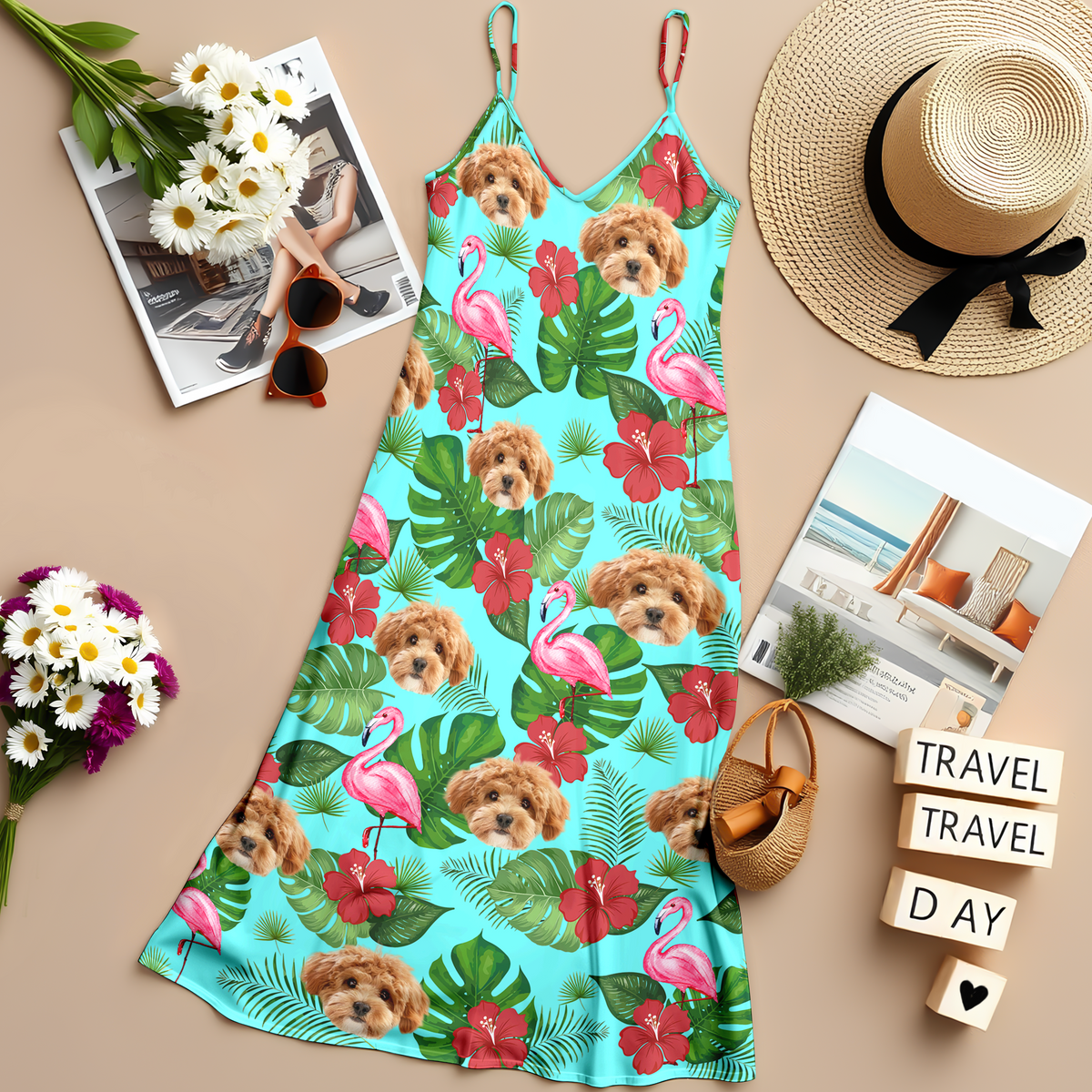 Custom Dog Photo Tropical Hawaii Style Personalized Women's V-Neck Cami Maxi Dress For Summer Holiday CH07 895672