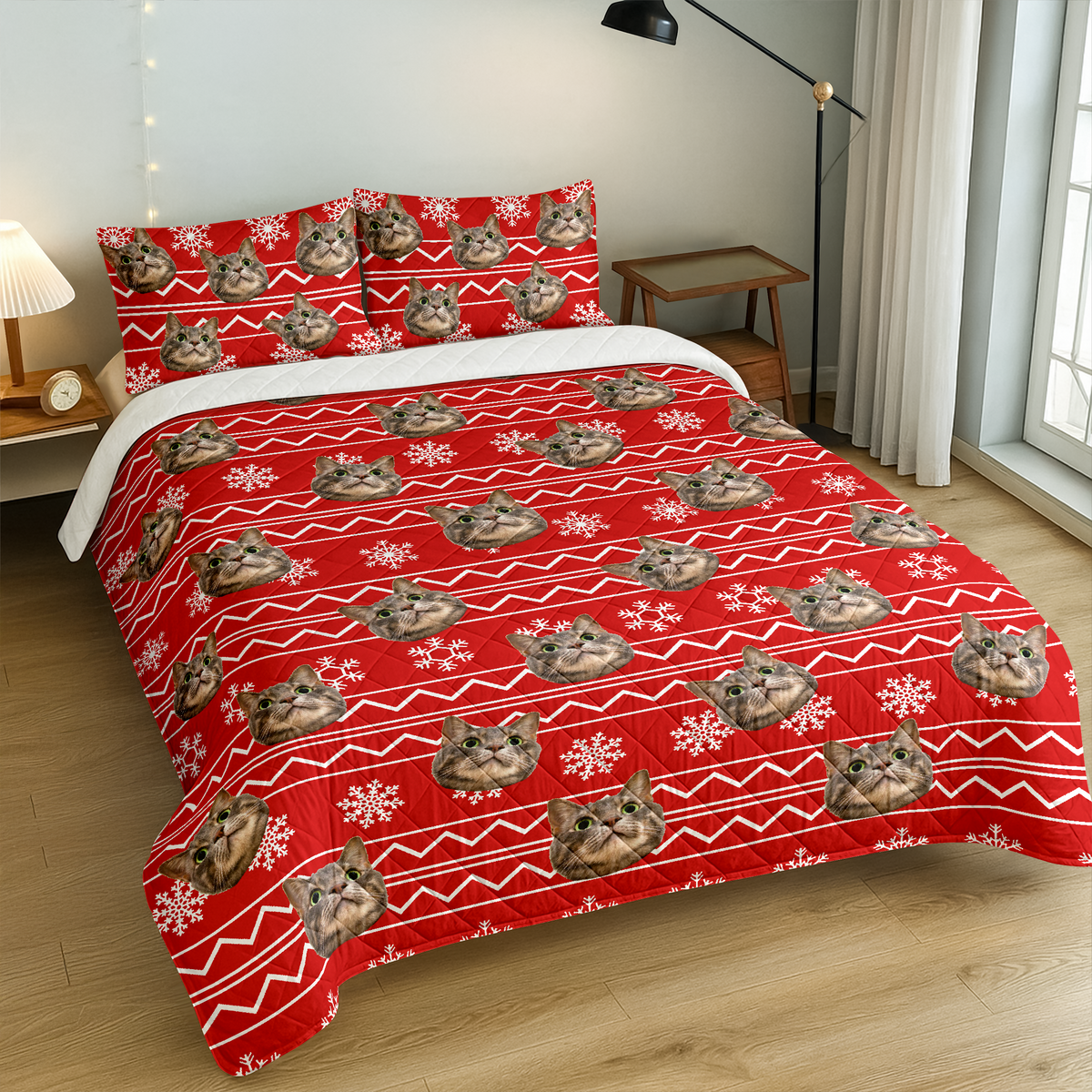Custom Photo Cat With Christmas Pattern Quilt Bedding Set HA75 898230