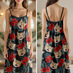 Custom Cat Photo Tropical Women's V-Neck Cami Maxi Dress HA75 892236