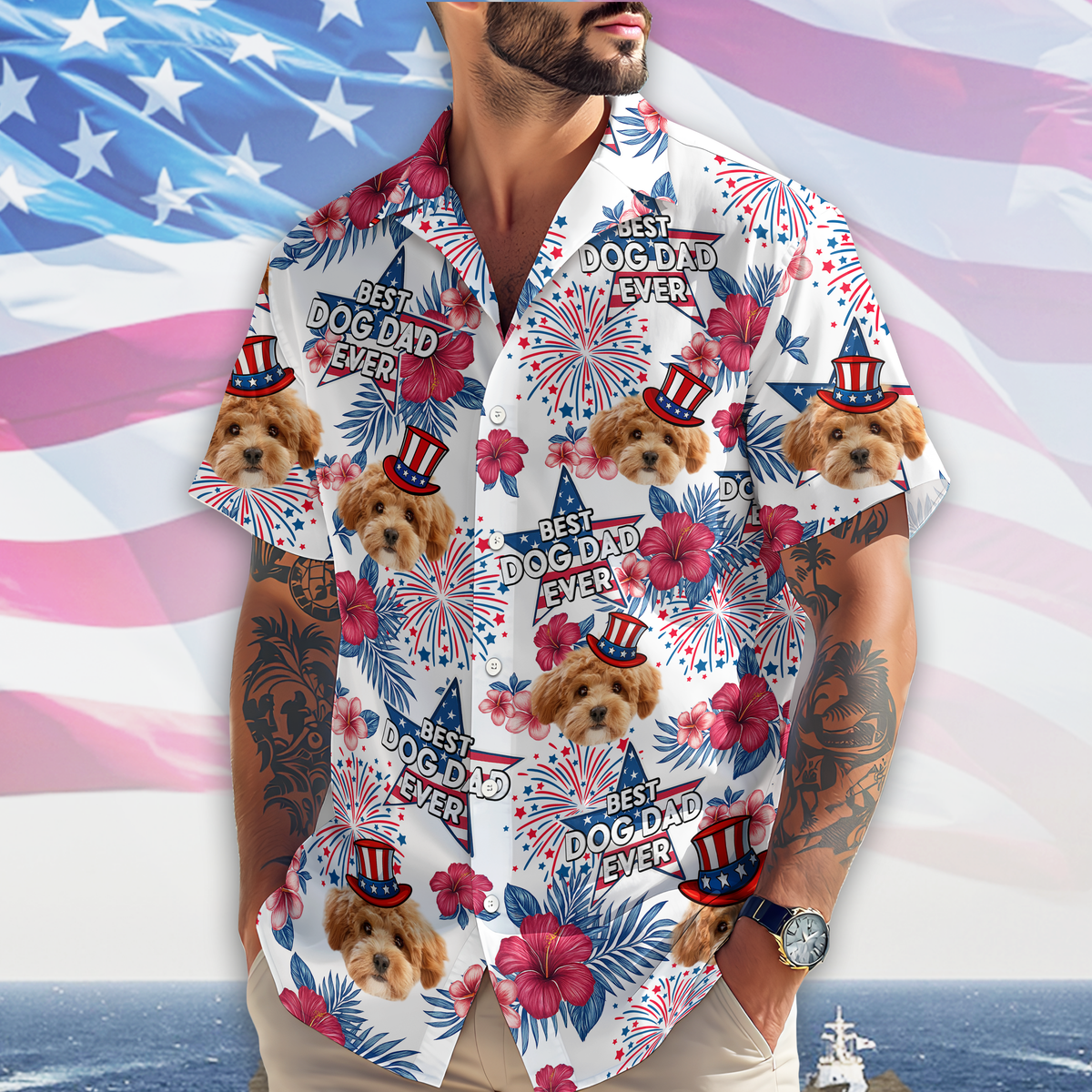 Custom Pet Photo Best Dog Dad Ever - Personalized Independence Day Hawaiian Shirt CH07 895774