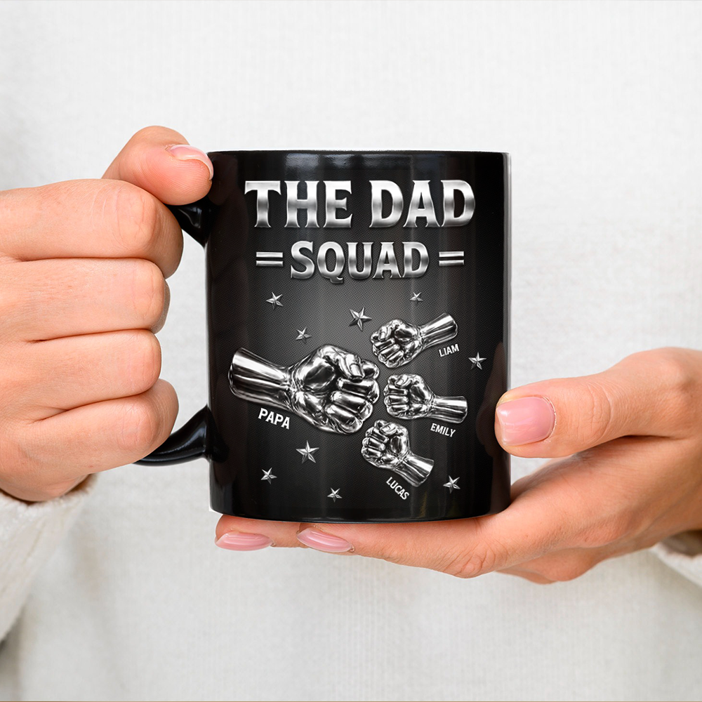 Custom Name The Dad Squad Fist Bump Black Mug - Personalized Father’s Day Gift HO82 902604