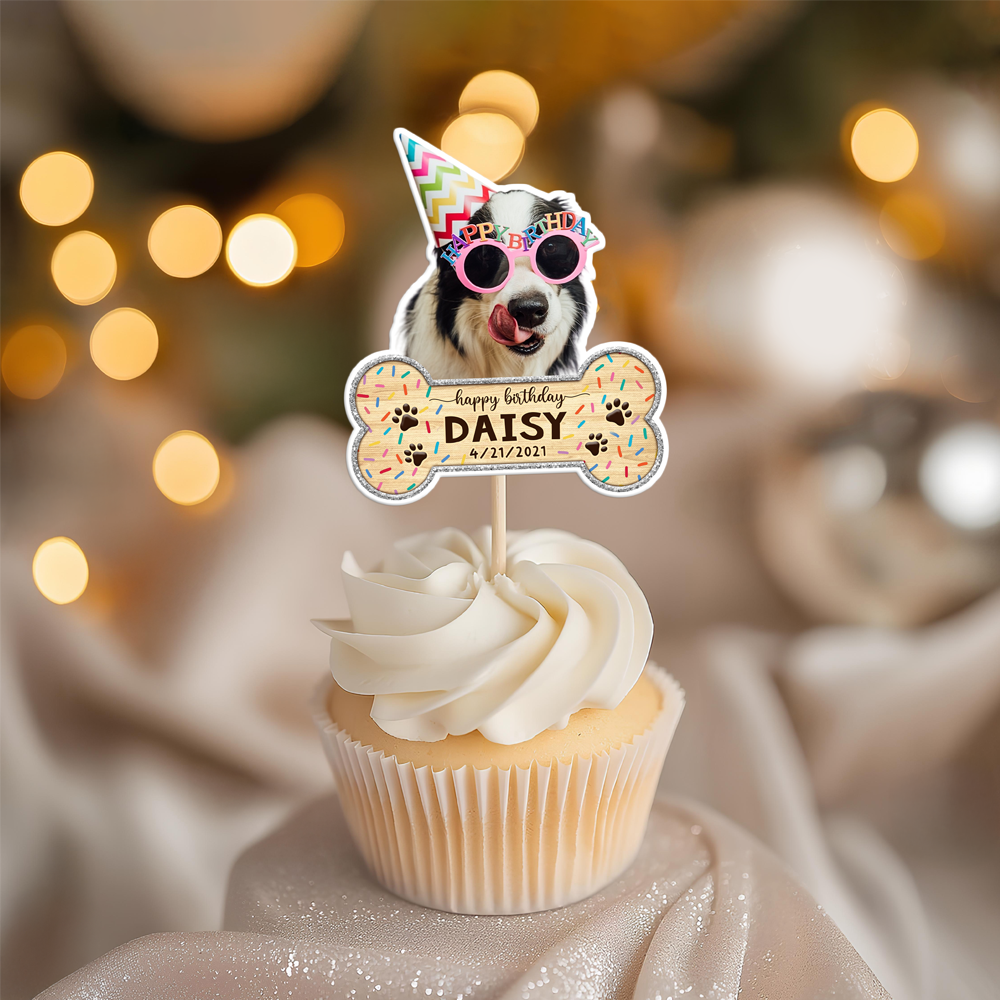 Custom Dog Photo With Bone Cupcake Toppers For Dog Birthday HO82 893664