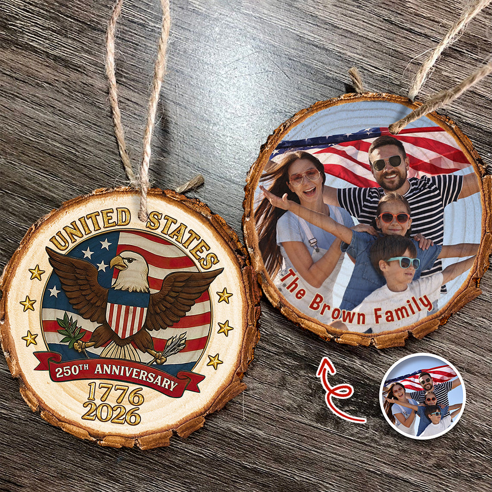 Custom Family Photo USA 250th Anniversary Eagle USA Flag Wood Slice Ornament HO82 900124