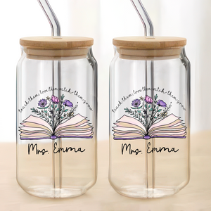 Personalized Gift For Teacher Appreciation With Flower and Book Glass Can With Lid LM32 893743