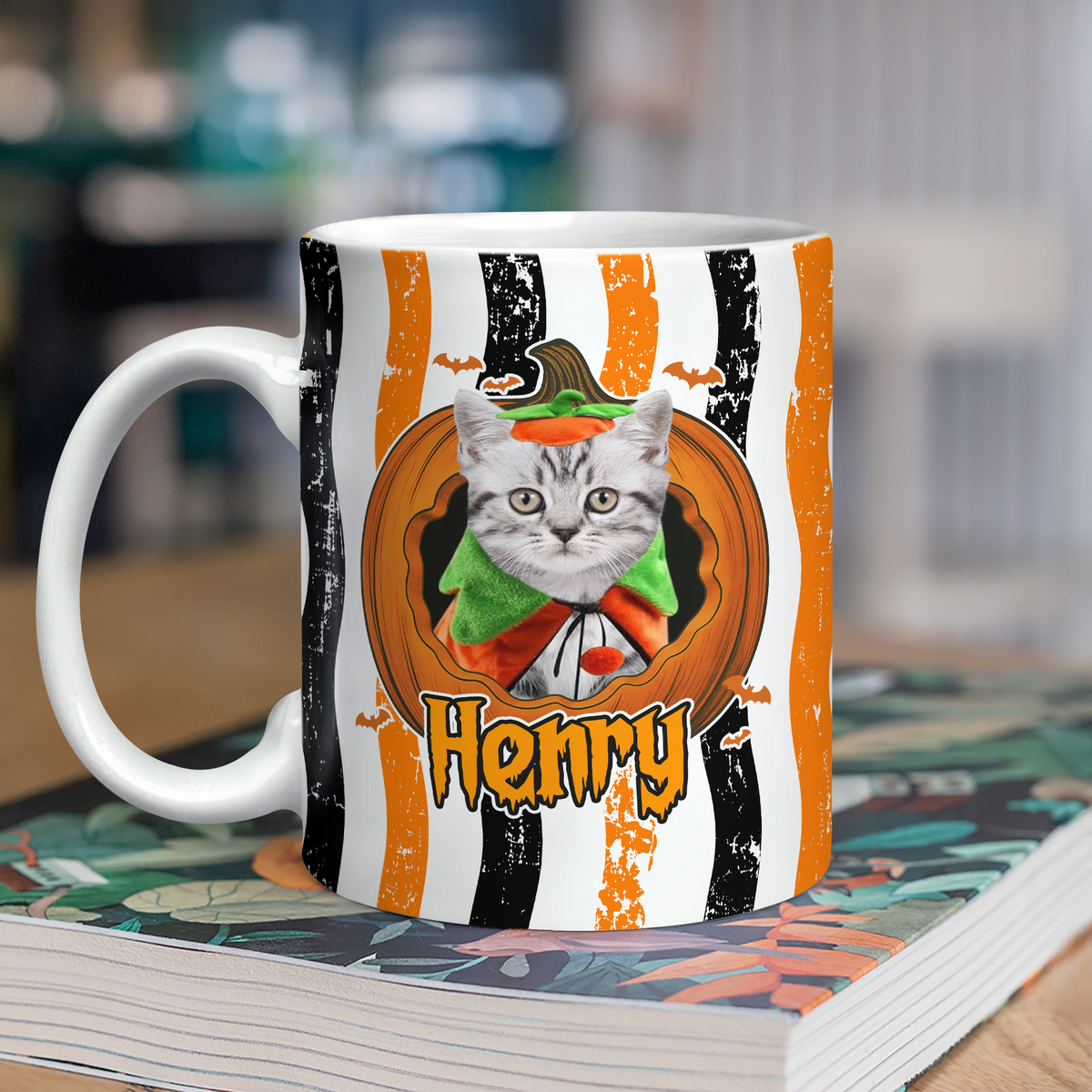 Custom Dog Cat Photo Halloween Pumpkin With Striped Pattern Mug HO82 903142