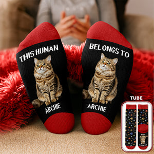 Custom Photo This Human Belongs To Dog Cat Crew Socks HA75 897616