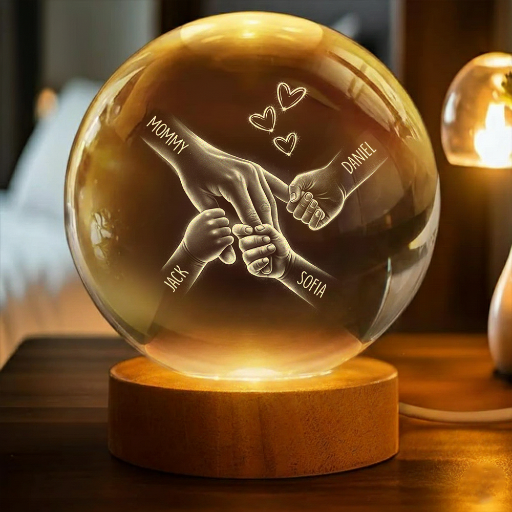 Kids Holding Mom's Hand - Personalized Engraved Crystal Ball LED Night Light - Heartfelt Mother's Day Gift for Mom, Wife HO82 901448