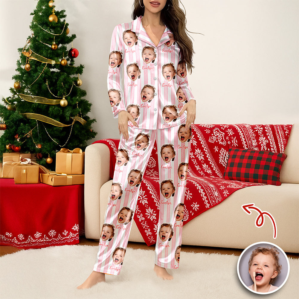 Custom Photo With Stripe Personalized Satin Pajamas Gift For Family HO82 900764