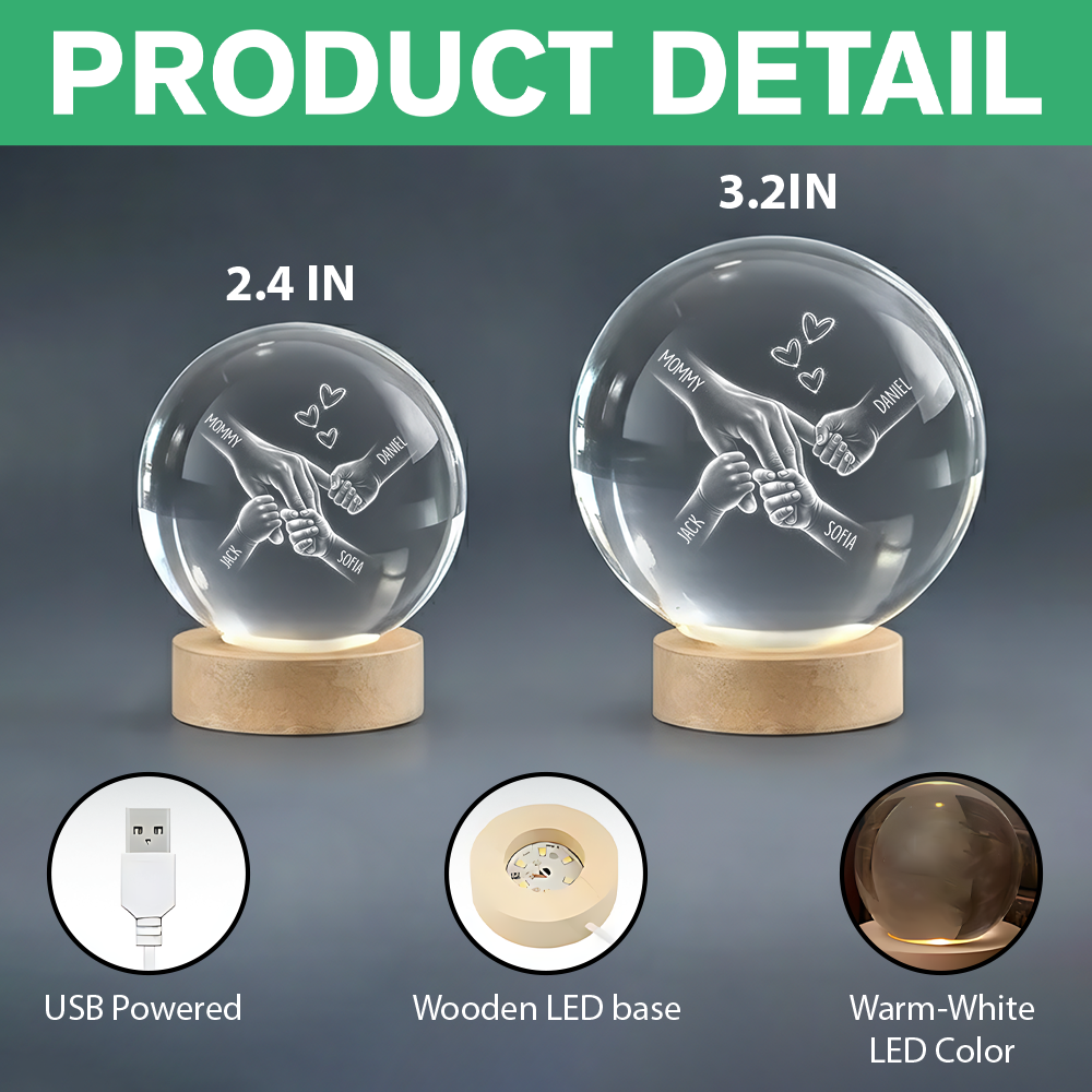 Kids Holding Mom's Hand - Personalized Engraved Crystal Ball LED Night Light - Heartfelt Mother's Day Gift for Mom, Wife HO82 901448