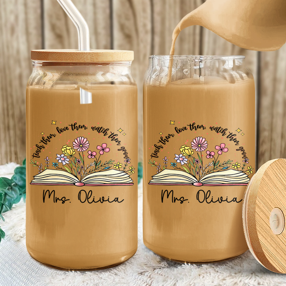 Personalized Gift For Teacher Appreciation With Flower and Book Glass Can With Lid LM32 893743
