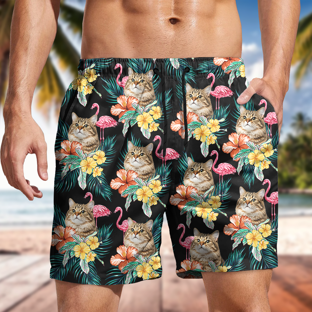 Custom Funny Photo Cat Flamingo Beach Short Summer Gift For Cat Lovers HA75 892452