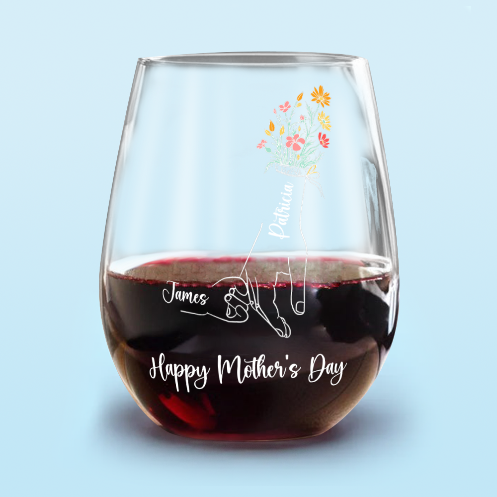 Personalized Floral Hands Mom With Kids Mother's Day Wine Glass LM32 893311