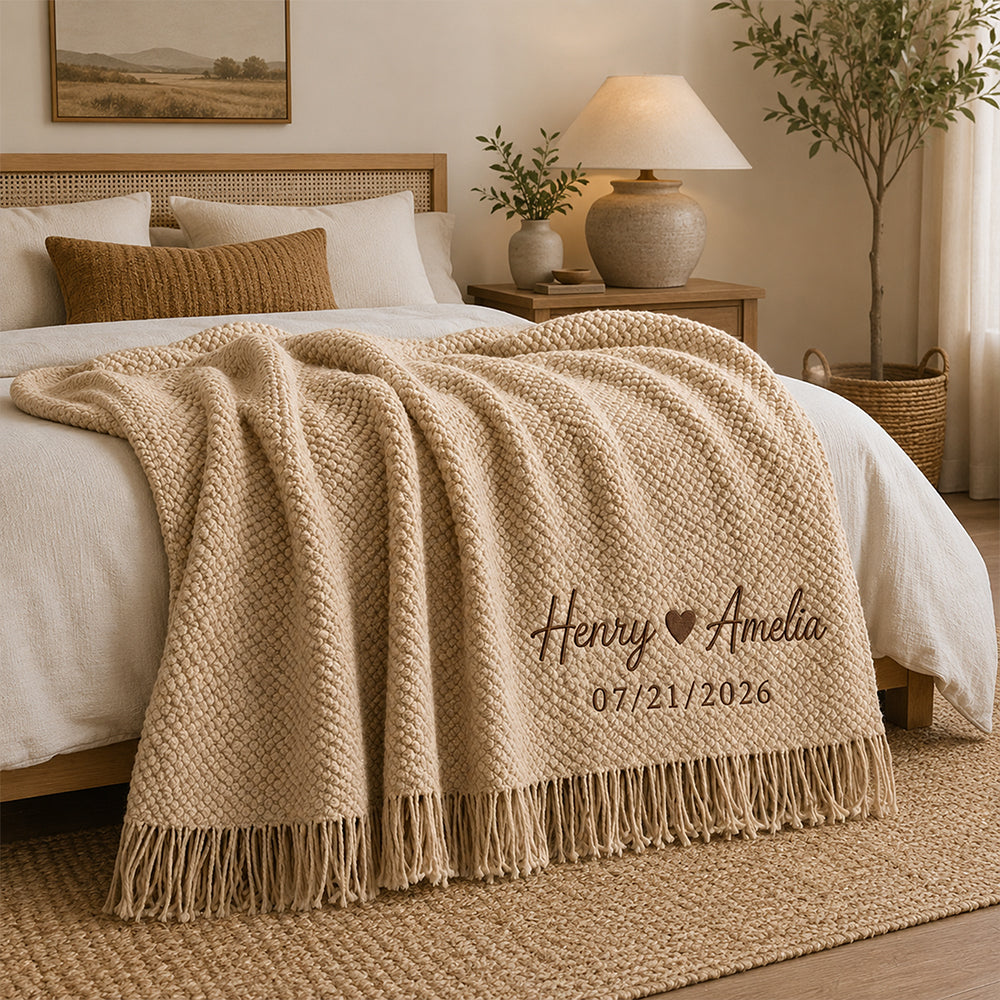 Custom Couple Name Embroidered Knit Throw Blanket, Personalized Wedding Gift, Anniversary Gift CH07 180106