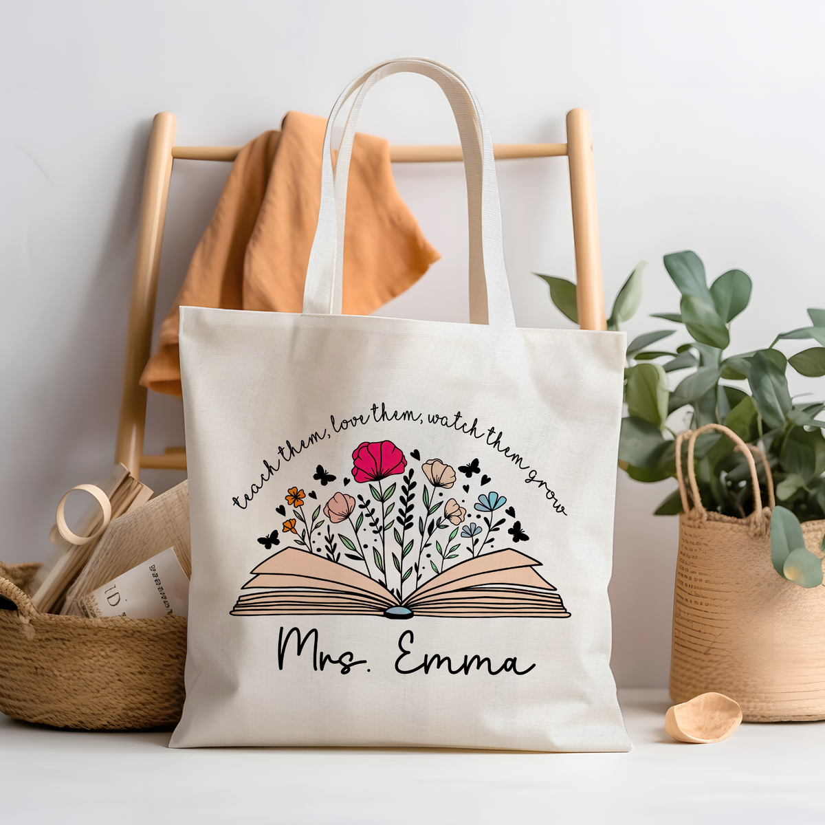 Personalized Name Teacher Appreciation With Flower and Book Tote Bag Gift For Teacher LM32 893739