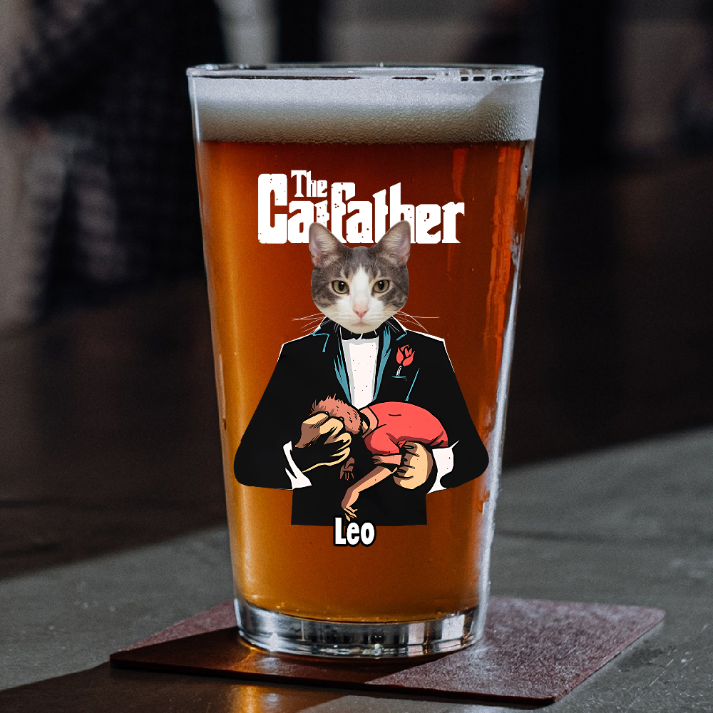 Custom Cat Face Photo The Catfather Print Beer Glass Personalized Gift For Dad HO82 893858
