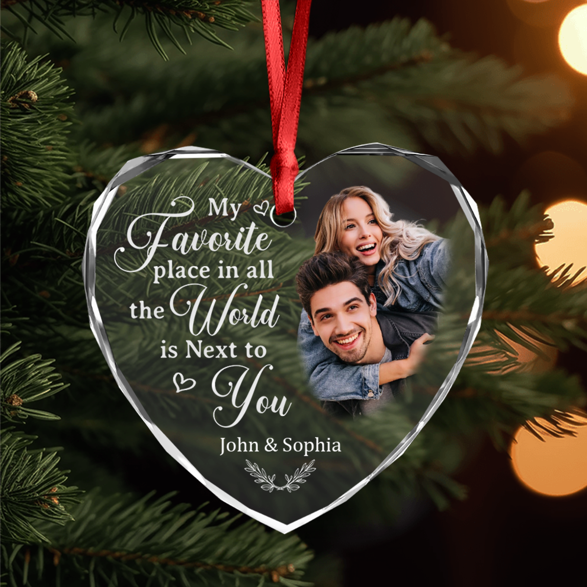 Custom Photo My Favorite Place In All The World Is Next To You Couple Heart Shape Glass Ornament HA75 892838