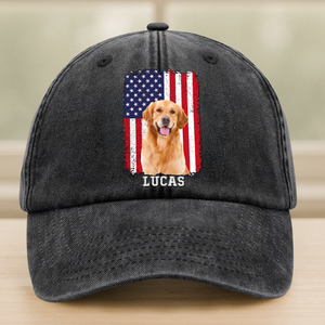 Custom Photo Dog With America Flag July 4th Washed Denim Baseball Cap TH10 894113