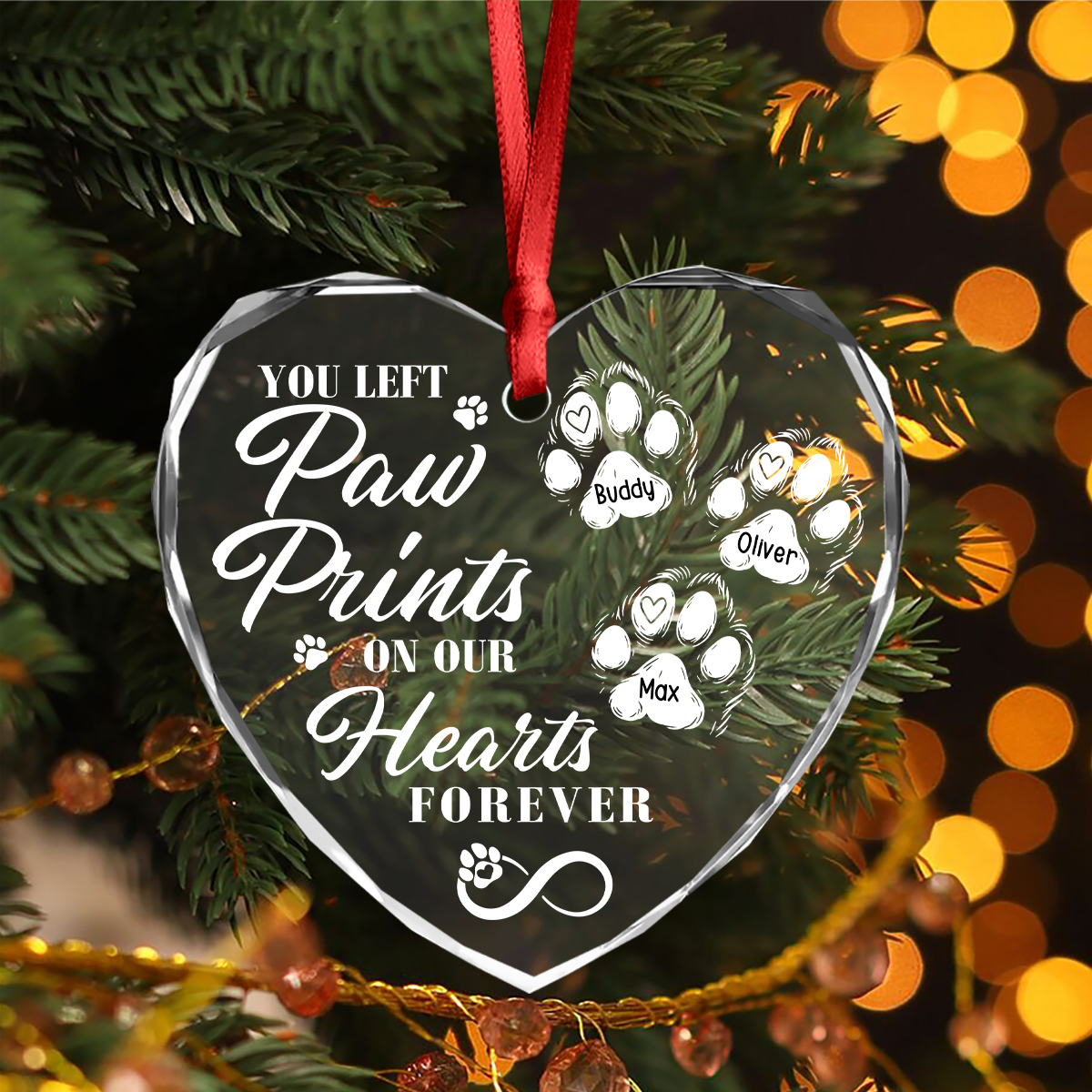 You Left Paw Prints On Our Hearts Forever Personalized Dog Memorial Heart Shaped Glass Ornament CH07 896604