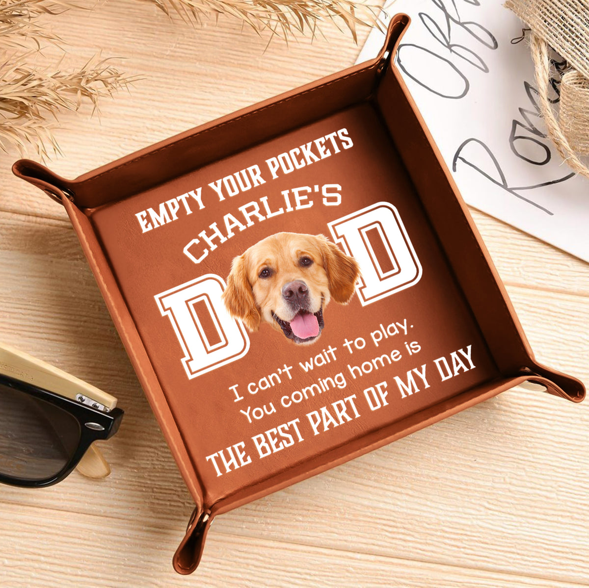 Custom Photo Dog Can't Wait To Play With Dad Leather Valet Tray LM32 893617