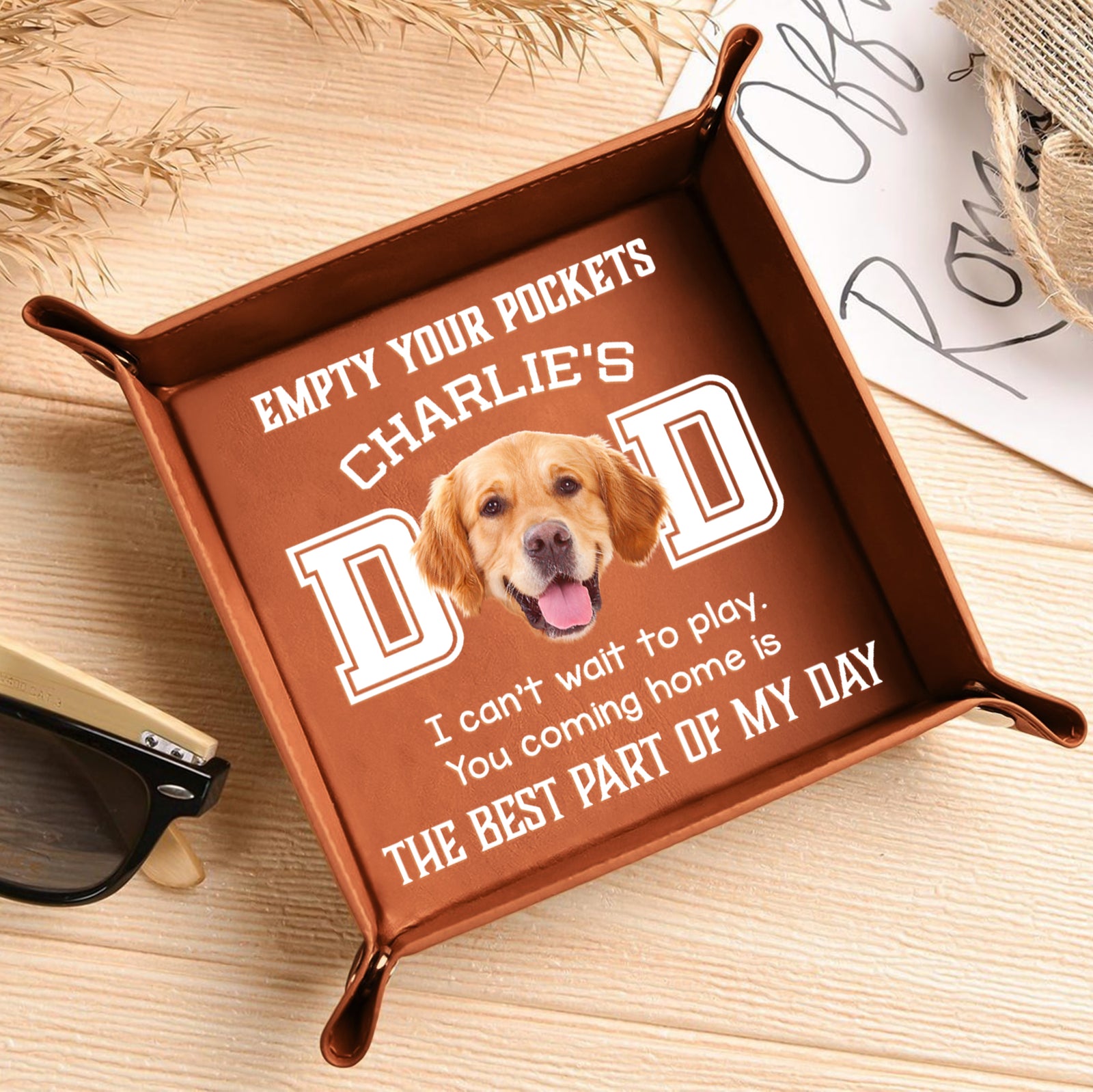 Custom Photo Dog Can't Wait To Play With Dad Leather Valet Tray LM32 893617