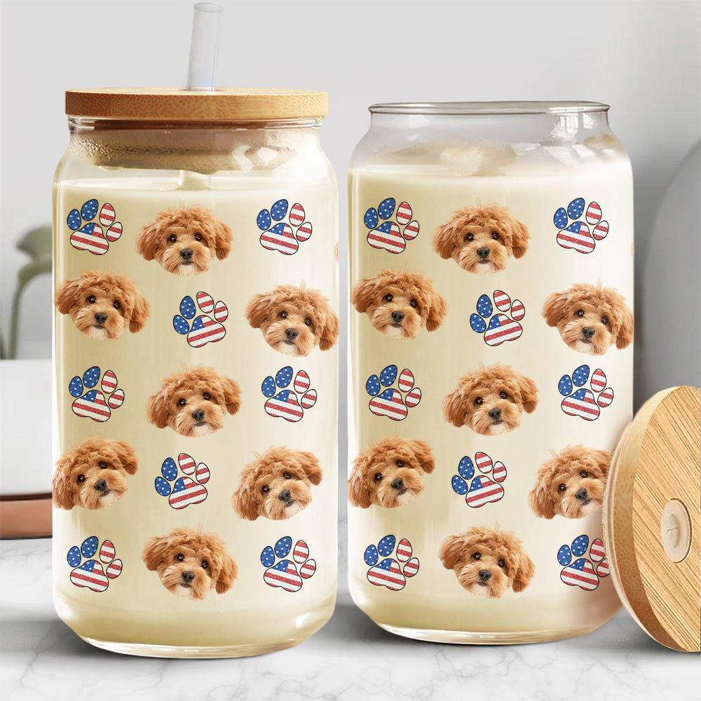 Custom Dog Cat Pet Photo With Icon US Flag Glass Can With Lid Gift for Pet Lovers HA75 920330