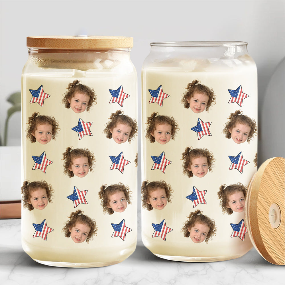 Custom Human Face With Icon US Flag Glass Can With Lid Family Gift HA75 920358