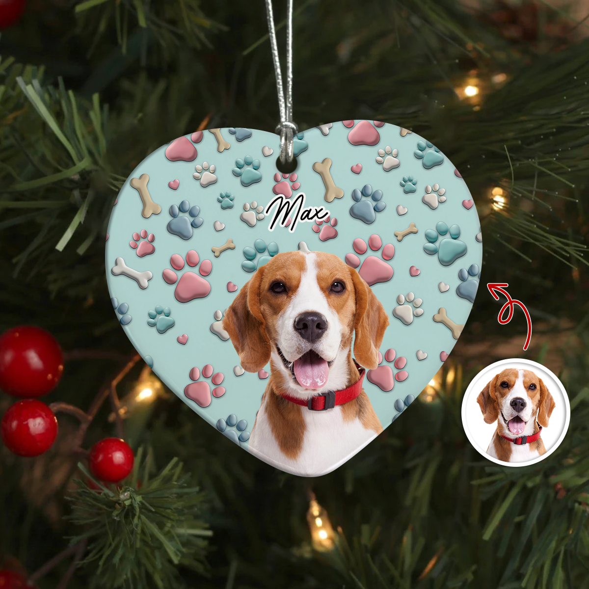 Custom Photo Lovely Dog Cat 3D Effect Heart Shaped Ceramic Ornament HA75 898194