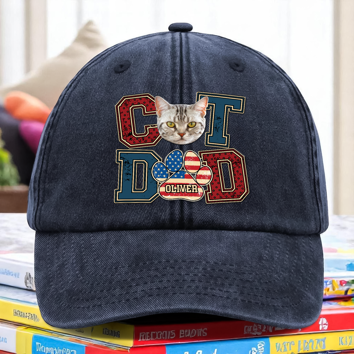 Custom Photo Best Cat Dad Washed Denim Baseball Cap Gift For Father's Day, Cat Lovers HO82 894036