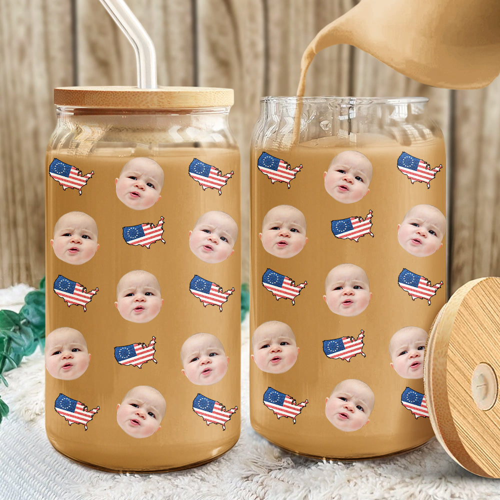 Custom Human Face With Icon US Flag Glass Can With Lid Family Gift HA75 920358