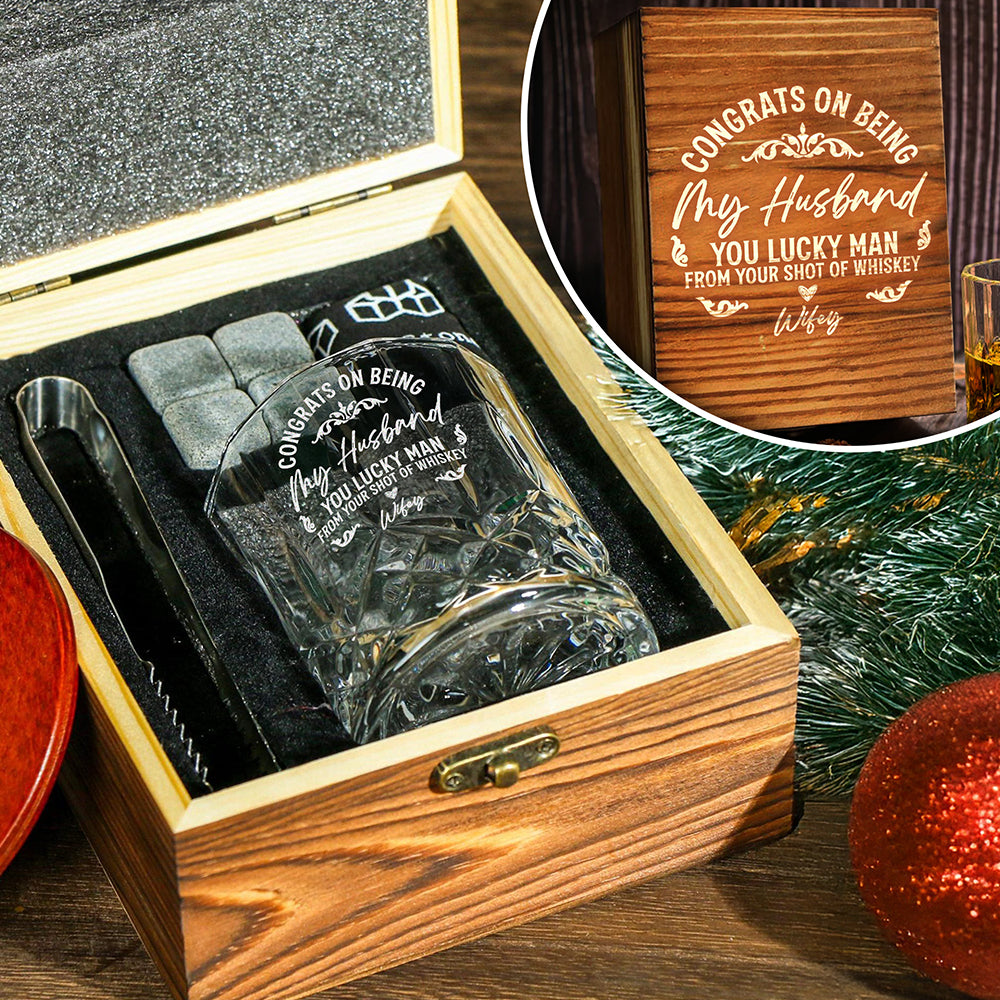 Congrats On Being My Boyfriend Couple Personalized Engraved Whiskey Glass Set with Wooden Box HA75 898034