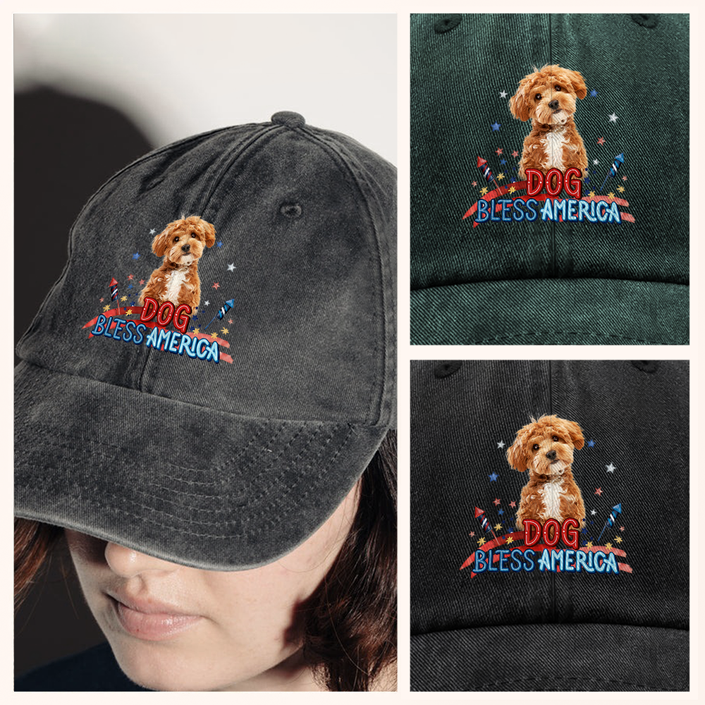 Custom Photo Dog Bless America Washed Denim Baseball Cap HO82 902846