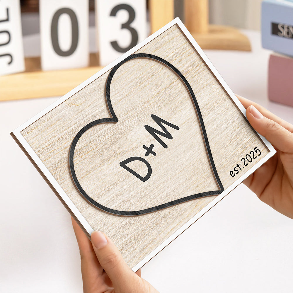 Personalized Custom Couple Name On Heart 2-Layered Wooden Plaque With Stand Valentine's Day TH10 896985