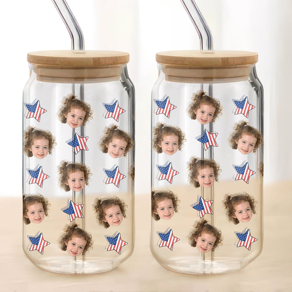Custom Human Face With Icon US Flag Glass Can With Lid Family Gift HA75 920358