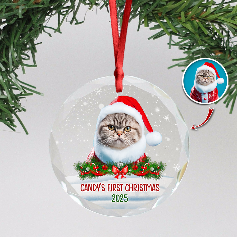 Custom Photo Cat First Christmas Glass Ornament HA75 897260