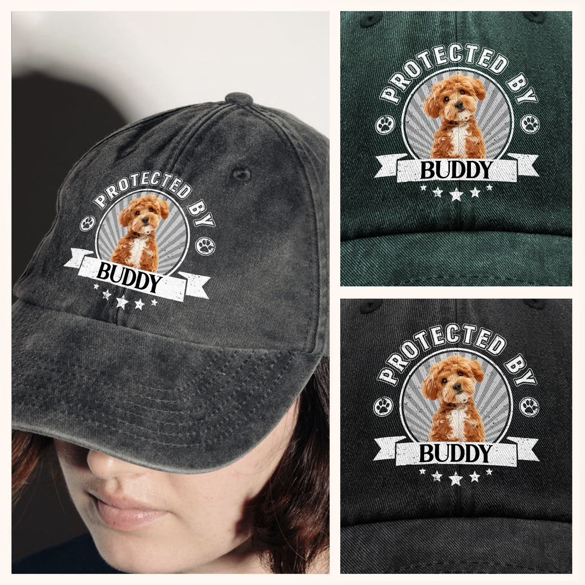 Custom Dog Photo Protected By Human Washed Denim Baseball Cap For Dog Lovers LM32 895025